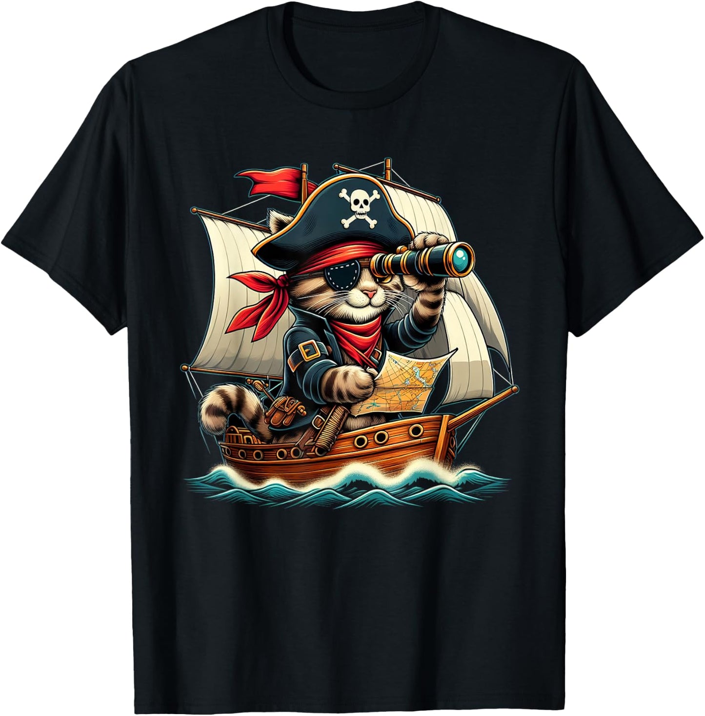 Funny Pirate Cat Adventure Halloween Cat Lover Men Women T-Shirt - T-Shirt | Black