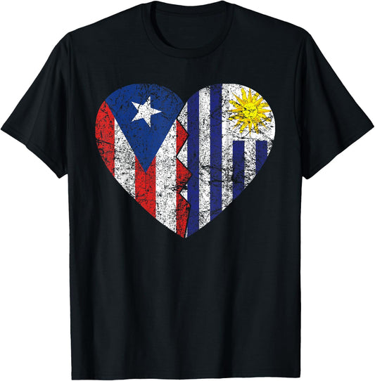 Uruguayan Puerto Rican Flags Heart | Puerto Rico Uruguay T-Shirt - T-Shirt | Black