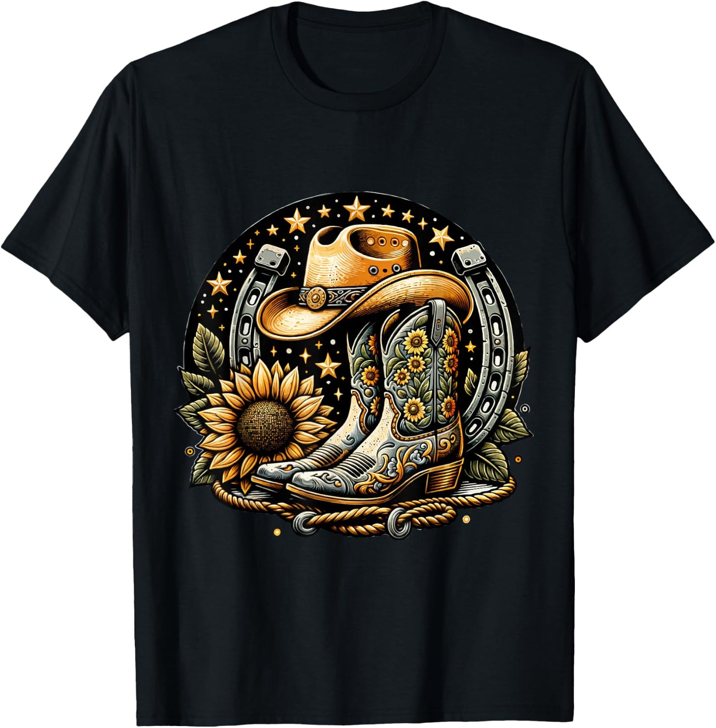 Vintage Cowboy Boot Horseshoe SunflowerRetro western Cowgirl T-Shirt - T-Shirt | Black
