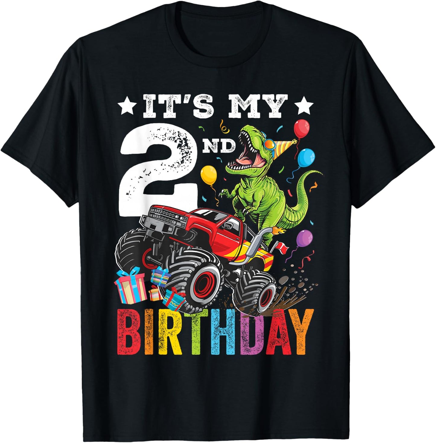 Two 2nd Birthday Dinosaur Monster Truck T-Shirt - T-Shirt | Black