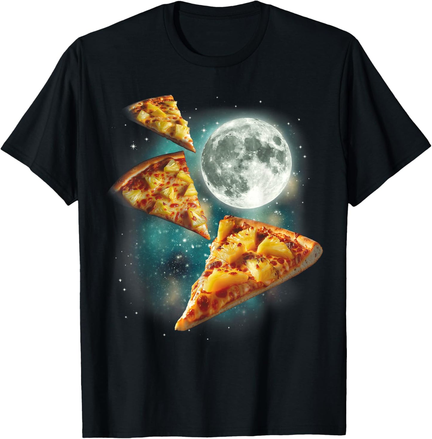 Three Pineapple Pizza Moon | Cursed Funny 3 Pizzas Meme T-Shirt - T-Shirt | Black