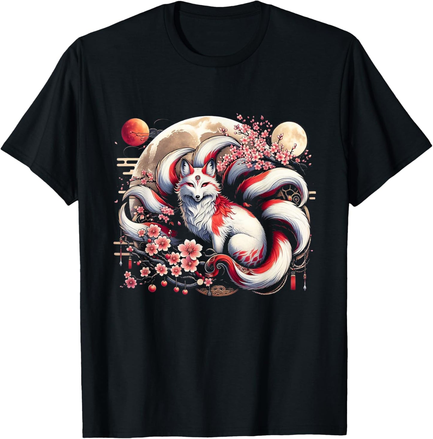 Kitsune Japanese Nine-tailed Fox With T-Shirt - T-Shirt | Black