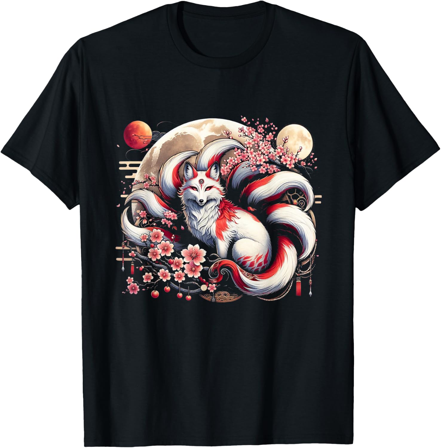 Kitsune Japanese Nine-tailed Fox With T-Shirt - T-Shirt | Black