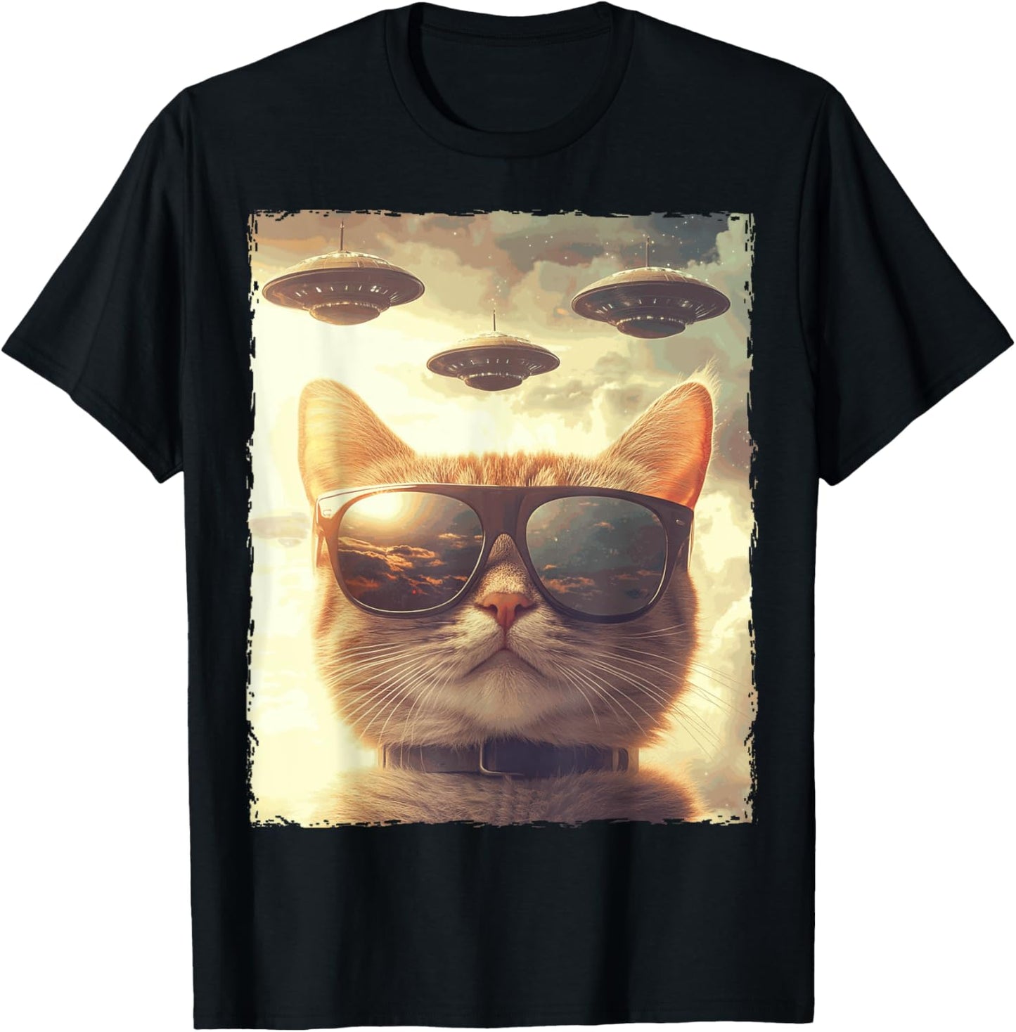 Funny Cat Sunglasses Selfie Ufos T-Shirt - T-Shirt | Black