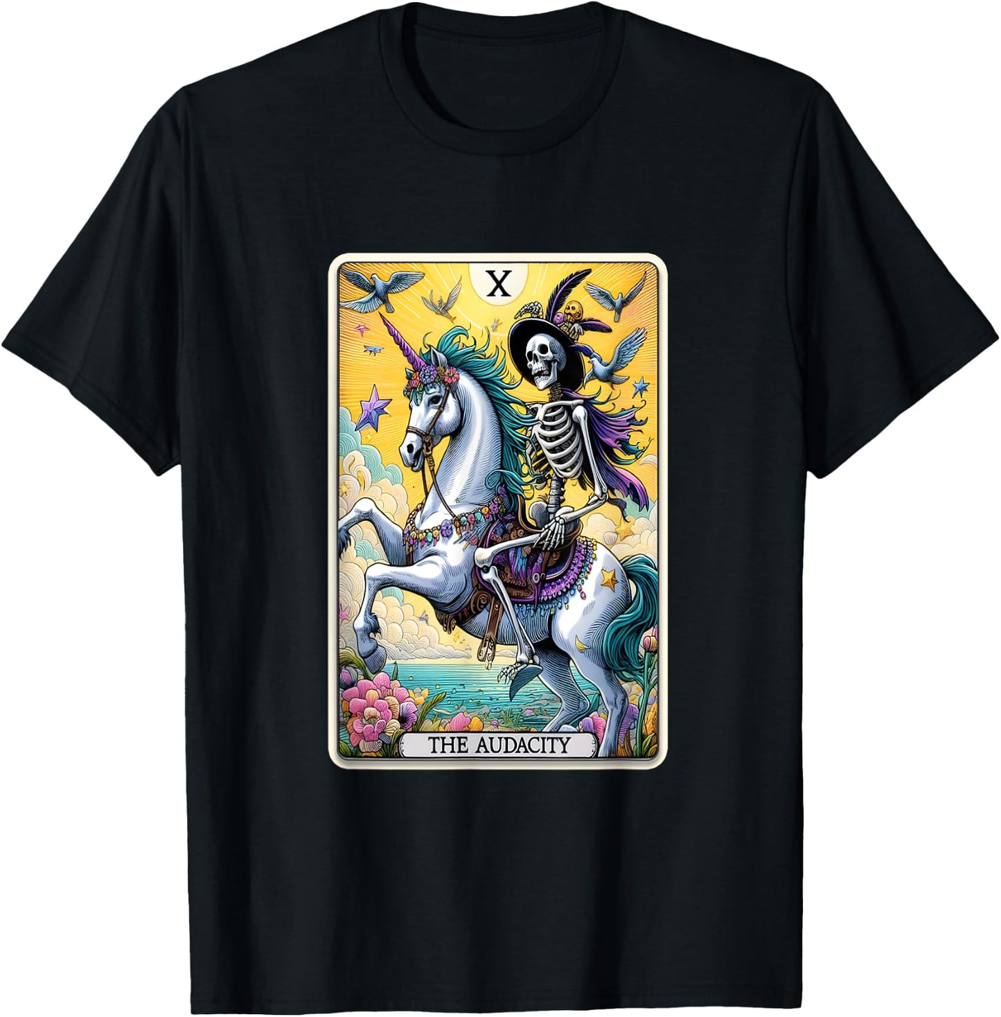 Audacity Tarot Card Sarcastic Skeleton Riding Unicorn T-Shirt - T-Shirt | Black