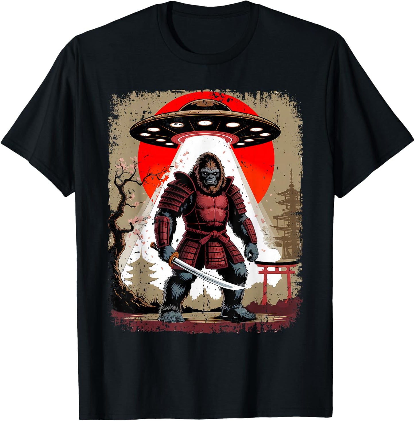 Japanese Samurai Bigfoot UFO Katana Vintage Graphic T-Shirt - T-Shirt | Black
