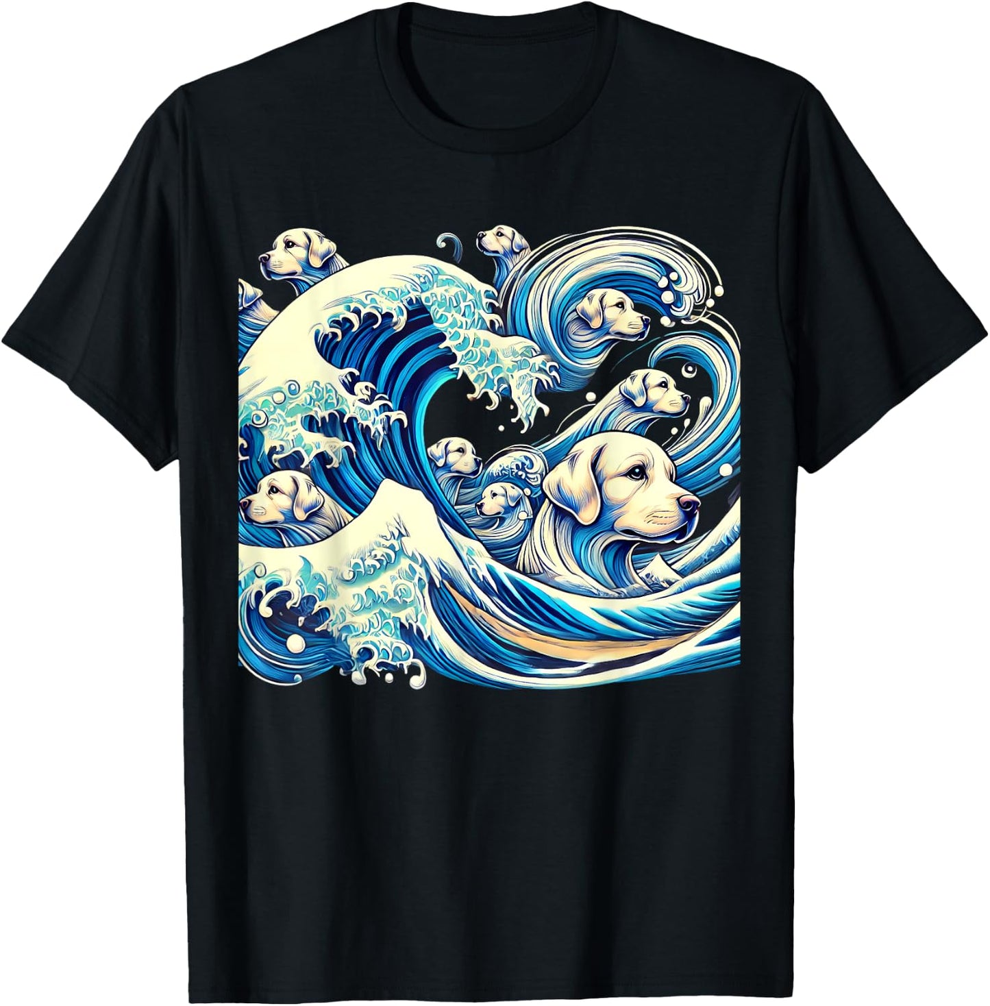 White Labrador Retriever Blue Dogs Wave Lab Puppy Japan Art T-Shirt - T-Shirt | Black