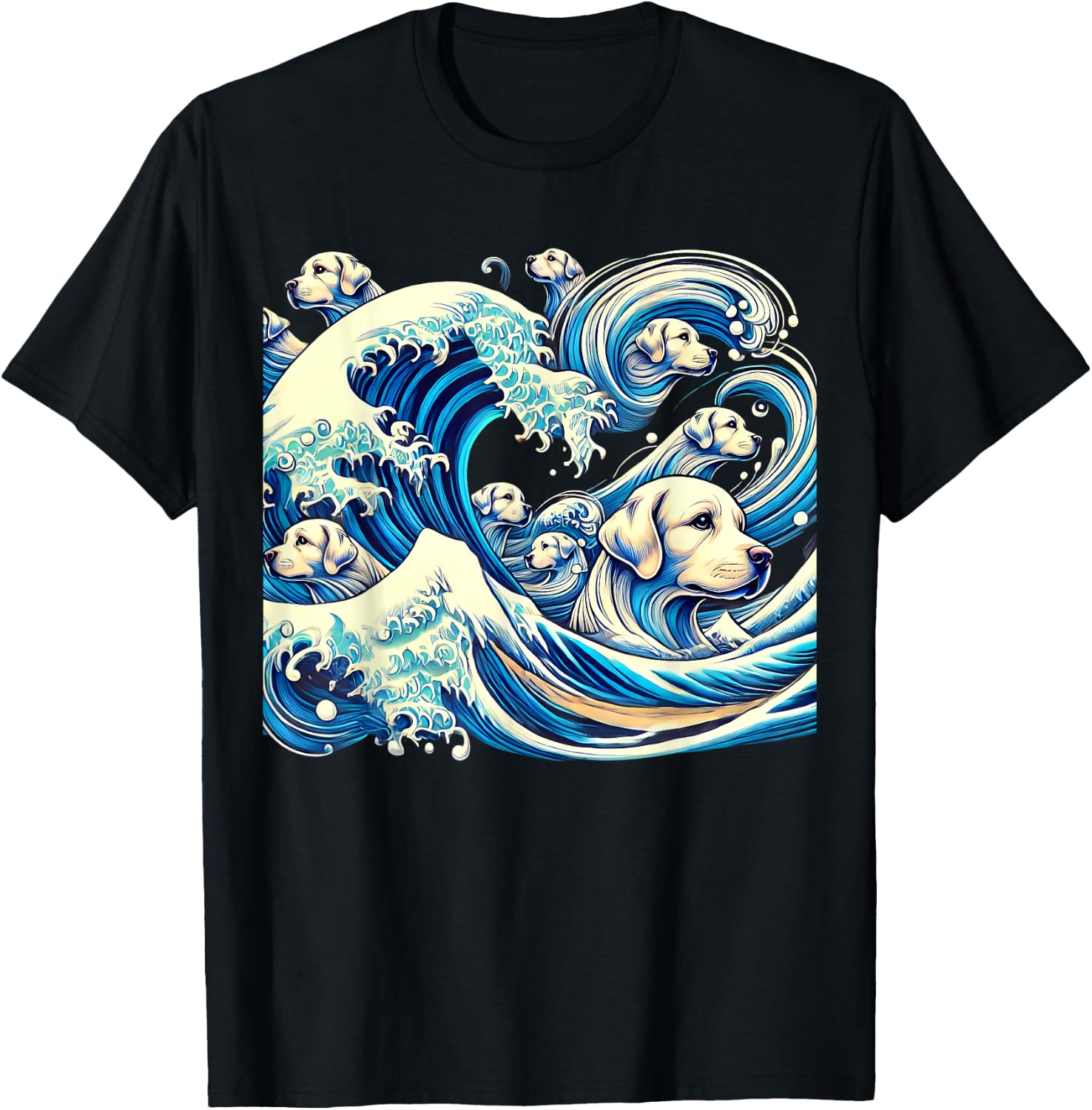 White Labrador Retriever Blue Dogs Wave Lab Puppy Japan Art T-Shirt - T-Shirt | Black