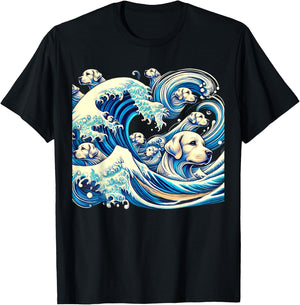 White Labrador Retriever Blue Dogs Wave Lab Puppy Japan Art T-Shirt - T-Shirt | Black