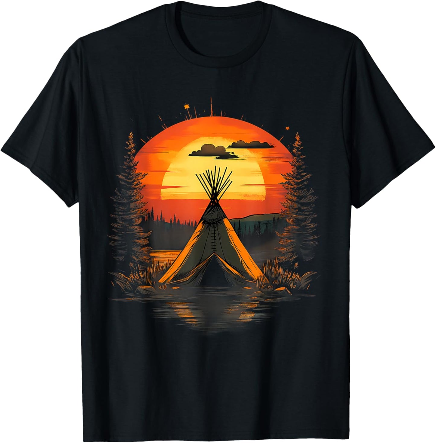 Native American Indian Tribe Landscape Sunset Tipi Tent T-Shirt - T-Shirt | Black