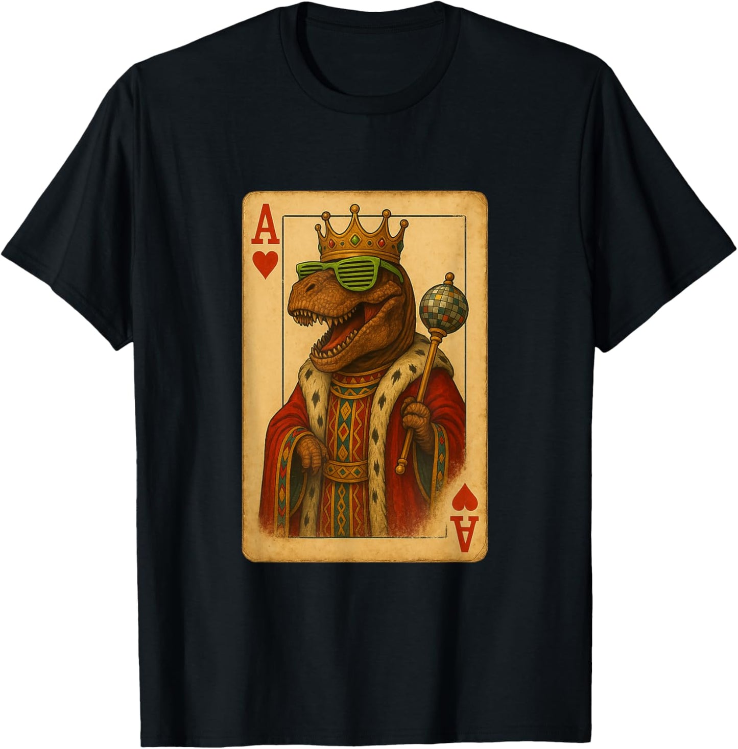 Tyrannosaurus Disco Ace Hearts Playing Card King Dinosaur T-Shirt - T-Shirt | Black