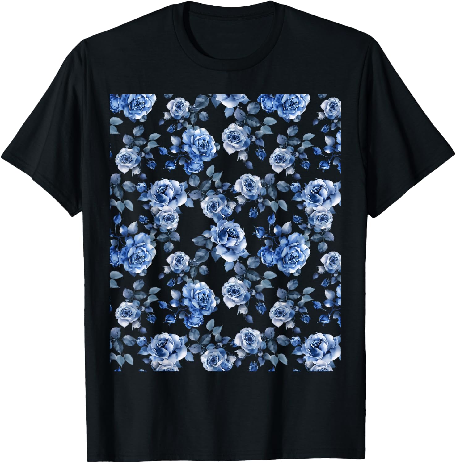 Blue and White Rose Flower Design T-Shirt - T-Shirt | Black