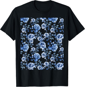 Blue and White Rose Flower Design T-Shirt - T-Shirt | Black