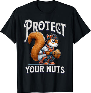 Protect Your Nuts Funny Squirrel Catcher Baseball T-Shirt - T-Shirt | Black