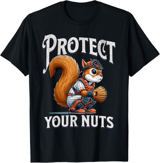 Protect Your Nuts Funny Squirrel Catcher Baseball T-Shirt - T-Shirt | Black