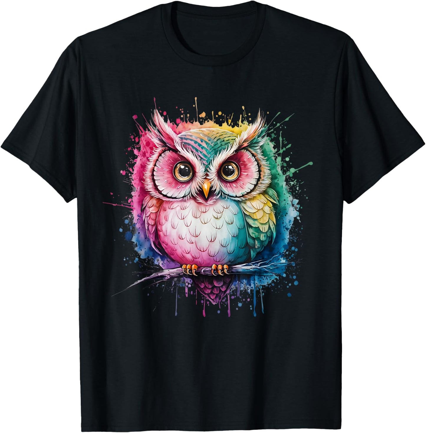 Owl Men Woman Colorful Watercolor Owl T-Shirt - T-Shirt | Black