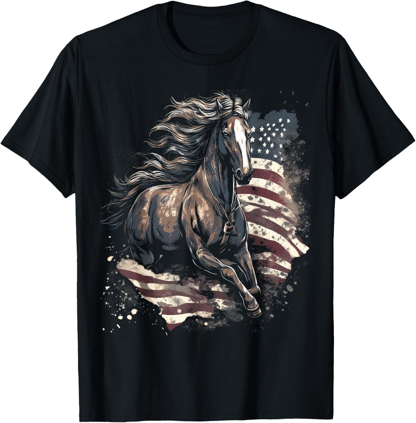 Patriotic Horse American Flag Horseback Riding Western Farm T-Shirt - T-Shirt | Black