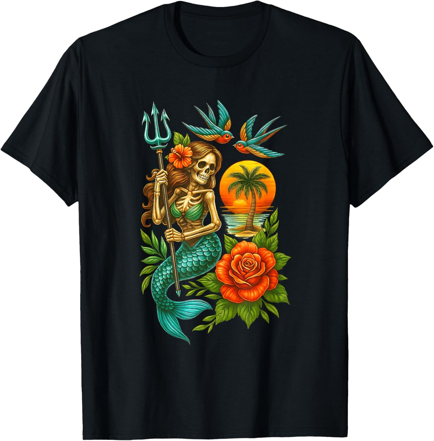 Mermaid Skeleton Traditional Tattoo OldSchool Tattoo Flash T-Shirt - T-Shirt | Black