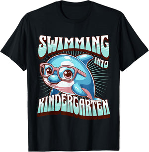 Swimming Into Kindergarten Cute Dolphin Back to School Kid T-Shirt - T-Shirt | Black