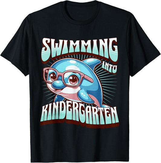 Swimming Into Kindergarten Cute Dolphin Back to School Kid T-Shirt - T-Shirt | Black