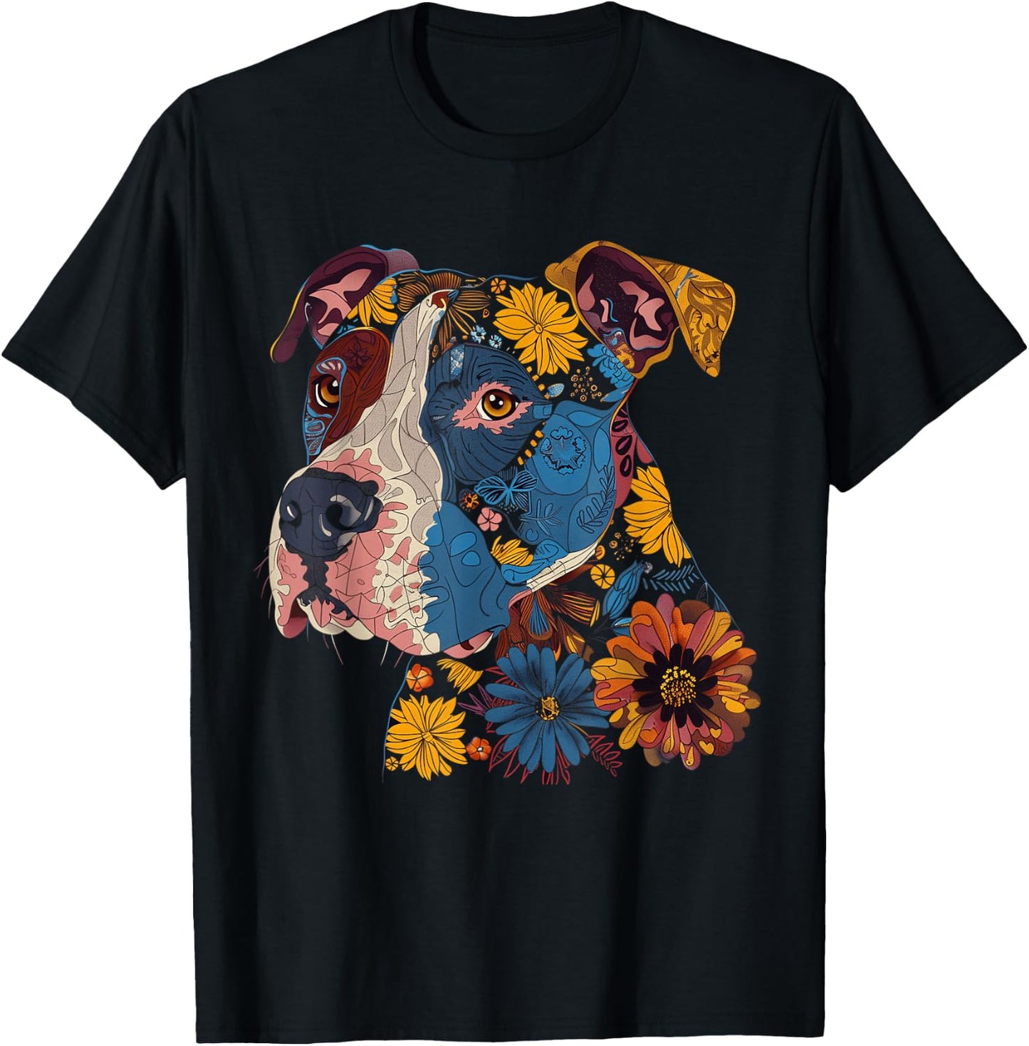 Pitbull Floral Dog Lover Vintage Flower Art Pitbull Mom Dad T-Shirt - T-Shirt | Black