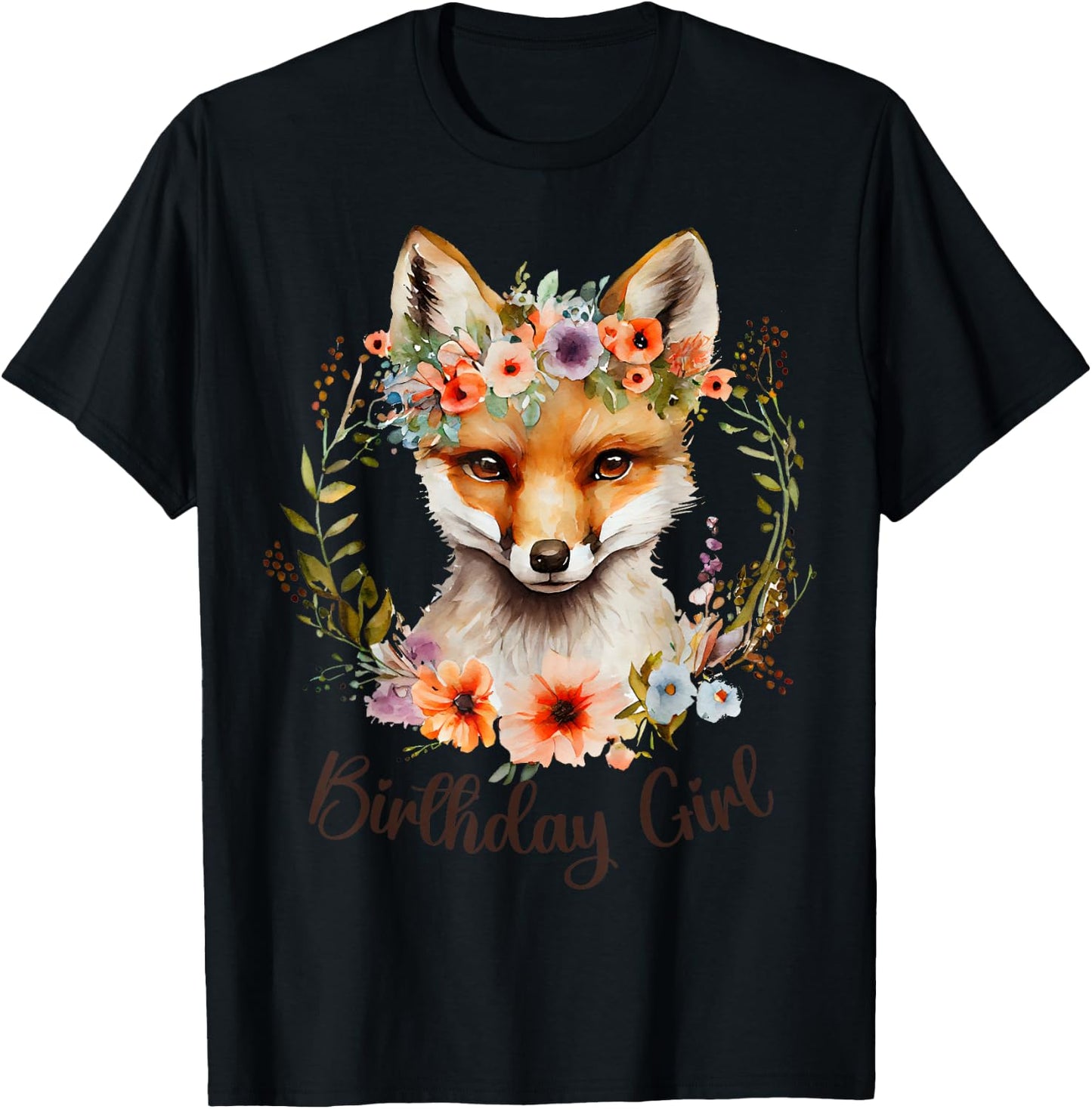 Cute Fox with flowers and words "Birthday Girl" Women Girls T-Shirt - T-Shirt | Black