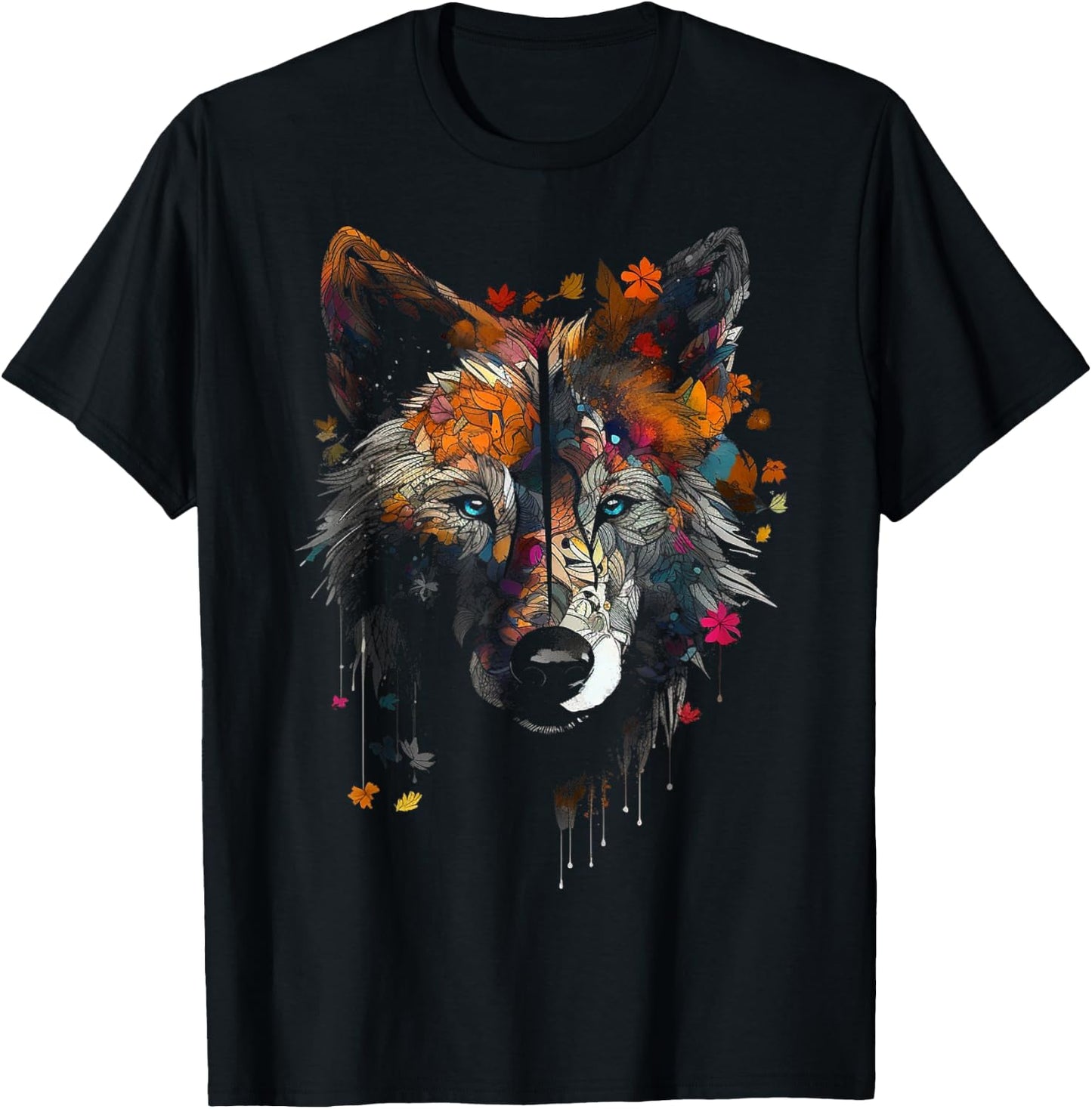 Wolf Autumn Leaves - Blue Eyes - Animal Art Motif Wolf T-Shirt - T-Shirt | Black
