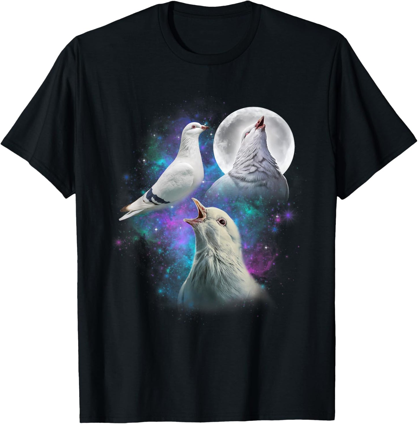 Three White Pigeons Howling At The Moon Funny Pigeon T-Shirt - T-Shirt | Black
