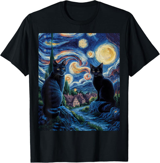 Cats Starry Night Van Gogh, For Cat Lover Cat Mom Cat Dad T-Shirt - T-Shirt | Black