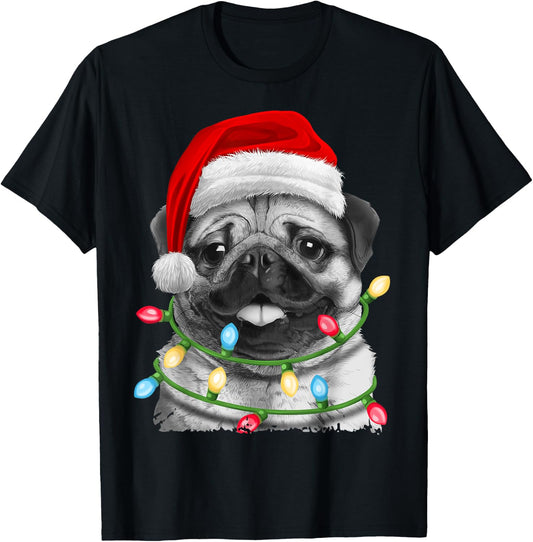 Pug Santa Christmas Tree Lights Xmas Boys Pugmas Dog Dogmas T-Shirt - T-Shirt | Black