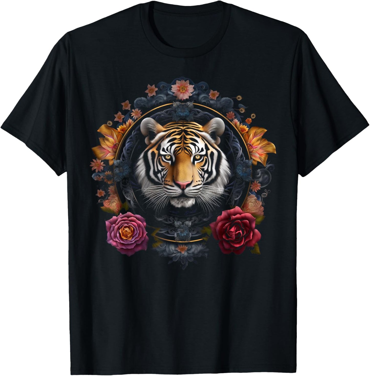 Tiger Artwork Flowers - Animal Art Tiger T-Shirt - T-Shirt | Black
