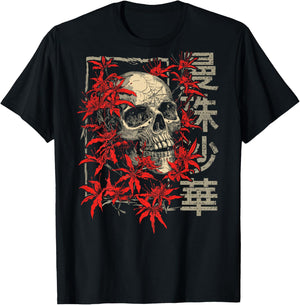 Red Spider Lily Flower Japanese Skull Otaku Backprinted T-Shirt - T-Shirt | Black