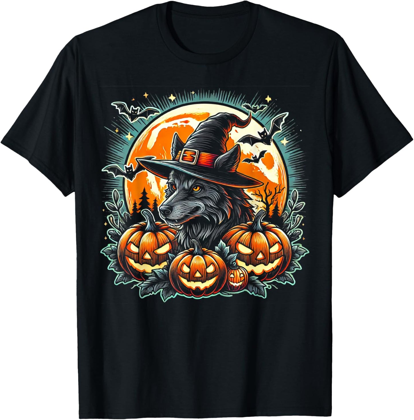 Wolf Witch Halloween - Spooky Pumpkin Art T-Shirt - T-Shirt | Black