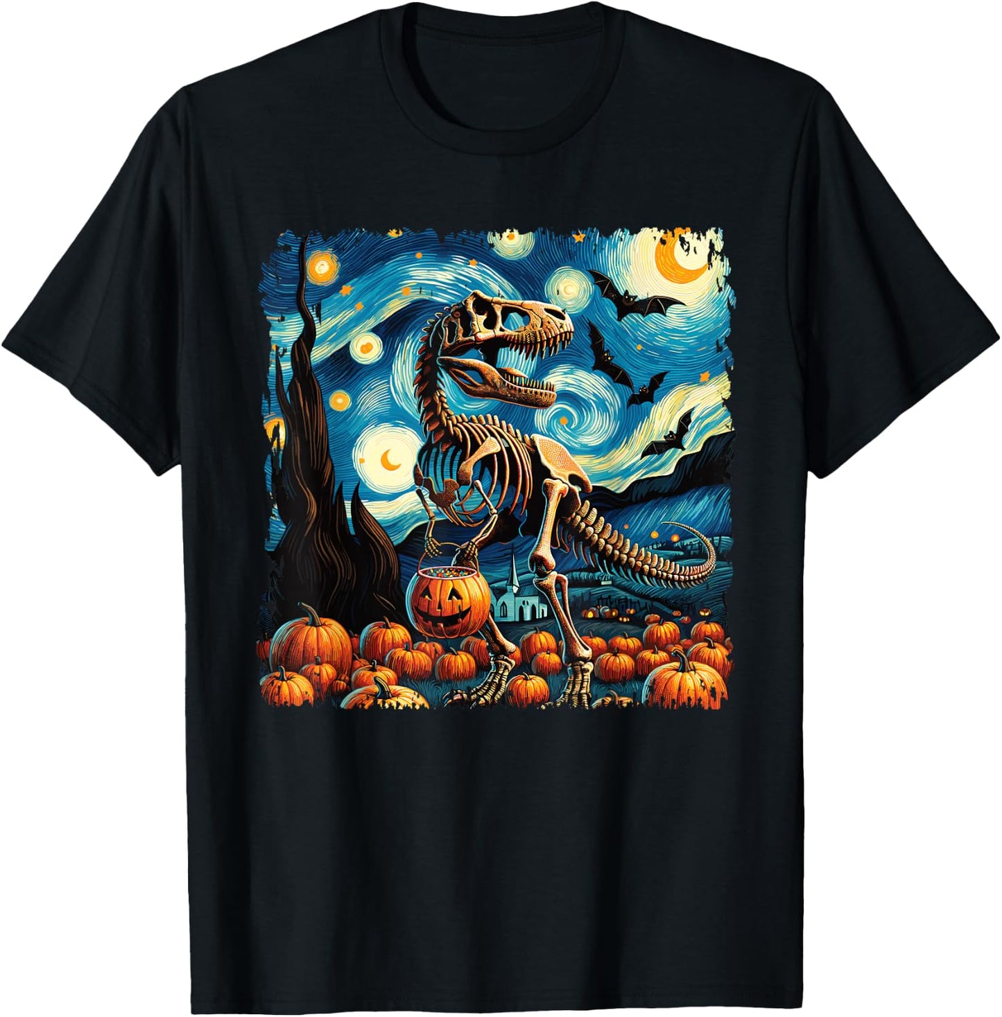 T-Rex Skeleton Halloween Van Gogh Starry Night Fall Pumpkin T-Shirt - T-Shirt | Black