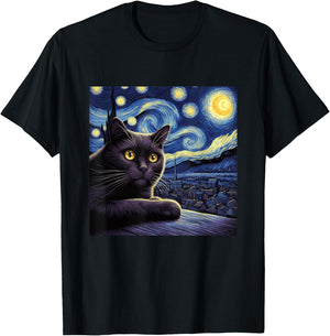 Starry Night Cat Design - Van Gogh Inspired Graphic Men Women Girls Kids T-Shirt - T-Shirt | Black