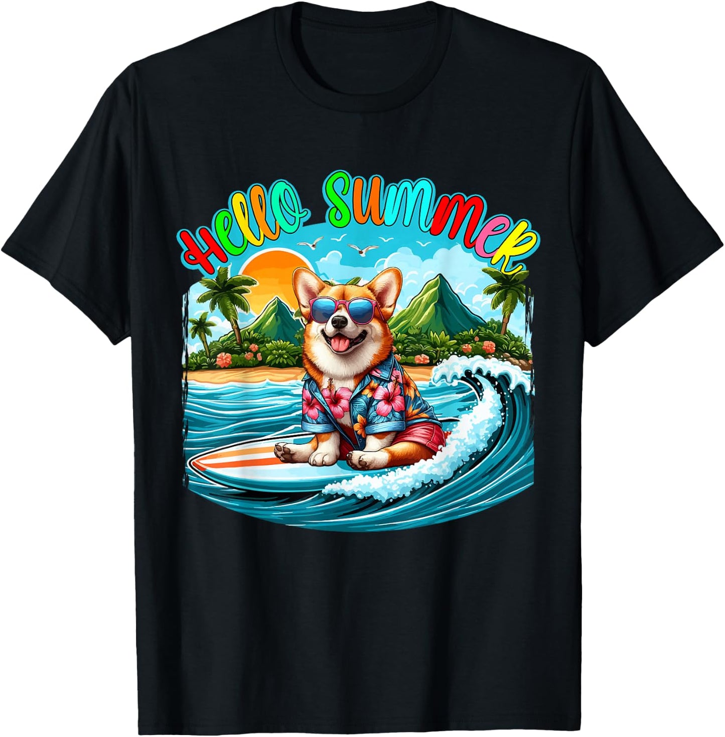 Summer Costume Corgi Sunglasses Surfing On Beach Surfer T-Shirt - T-Shirt | Black