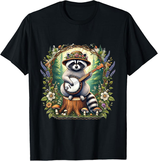 Cottagecore Aesthetic Raccoon Playing Banjo Shirts Racoon T-Shirt - T-Shirt | Black