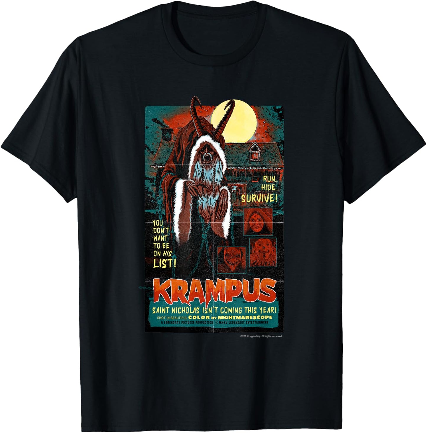 Krampus – Run! Hide! Survive! Retro Poster T-Shirt - T-Shirt | Black