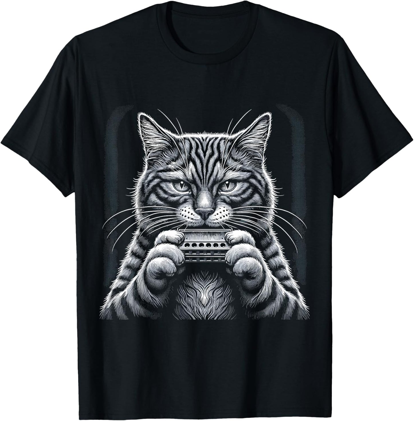 Cat Music Harmonica Player Country Folk Blues Whiskers Tabby T-Shirt - T-Shirt | Black