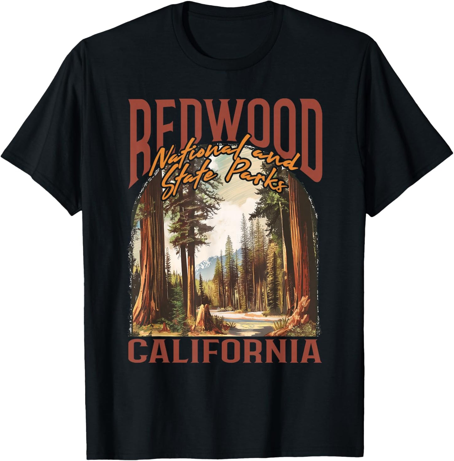 Redwood USA National Park Vintage California Outdoors Retro T-Shirt - T-Shirt | Black