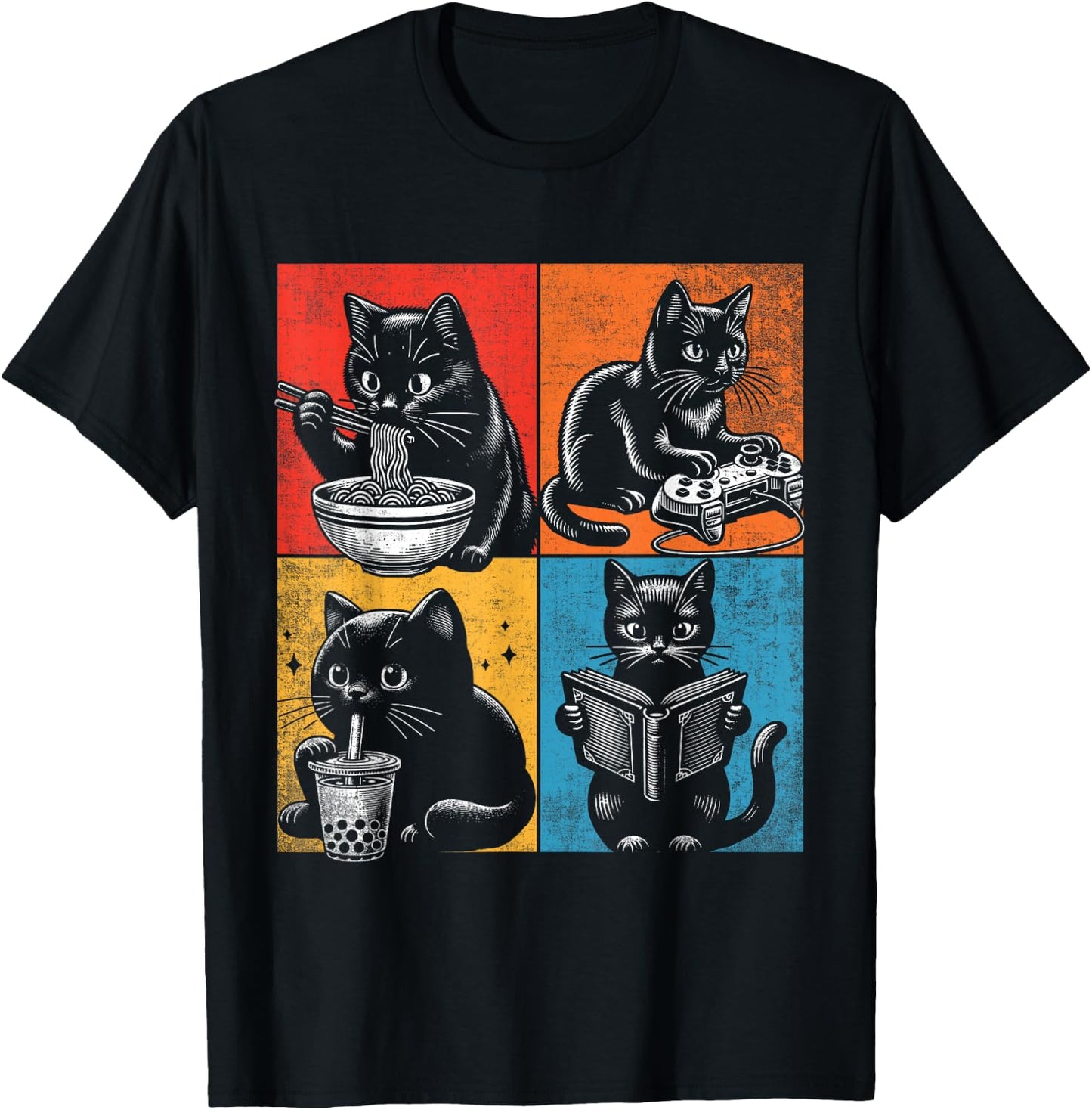 Funny Cat Ramen Boba Gaming And Reading Books Lover. Anime T-Shirt - T-Shirt | Black
