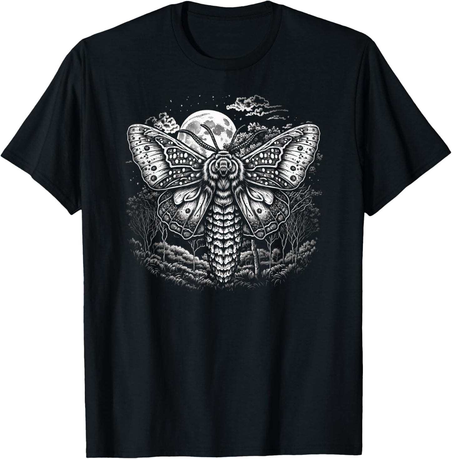 Moth And Moon Night Sky Folkloric Wiccan Nature Goth T-Shirt - T-Shirt | Black