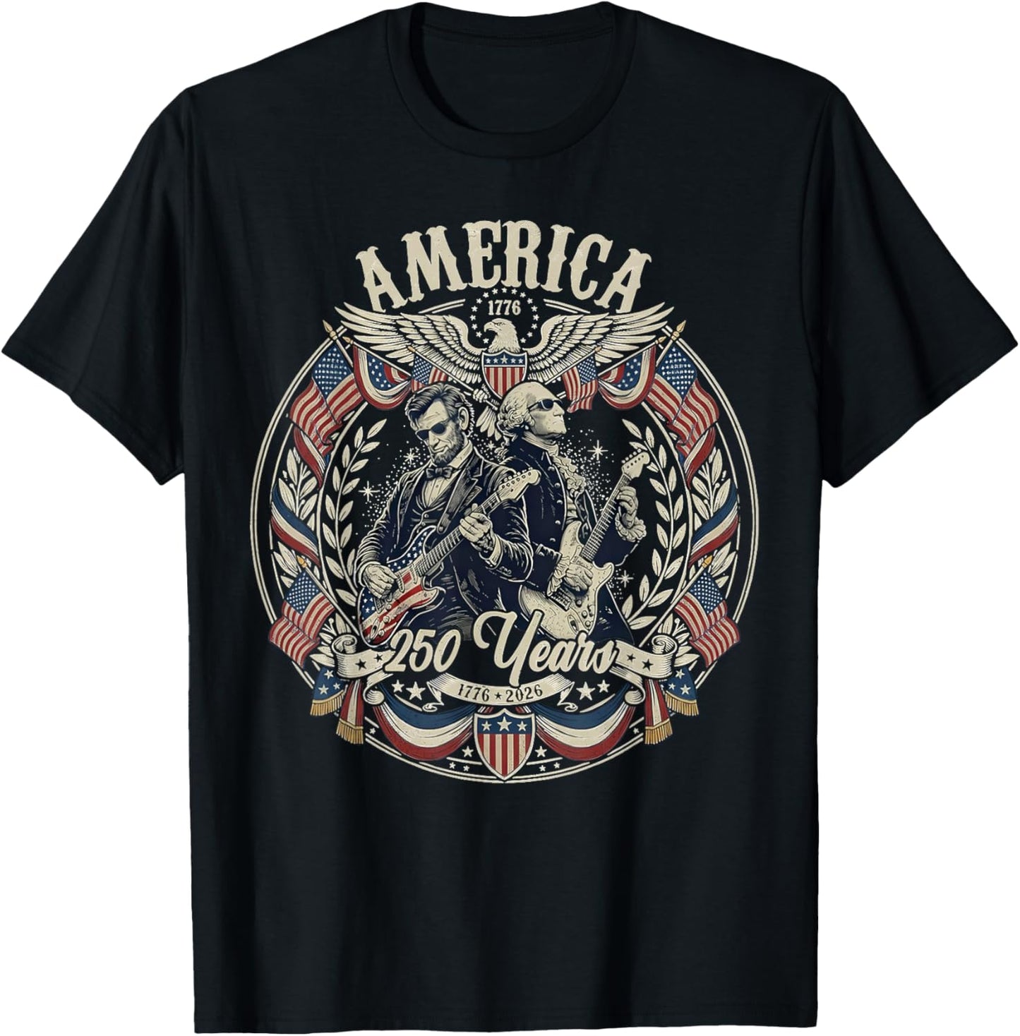 Patriotic George Washington Abe Lincoln Playing Guitar 250th T-Shirt - T-Shirt | Black