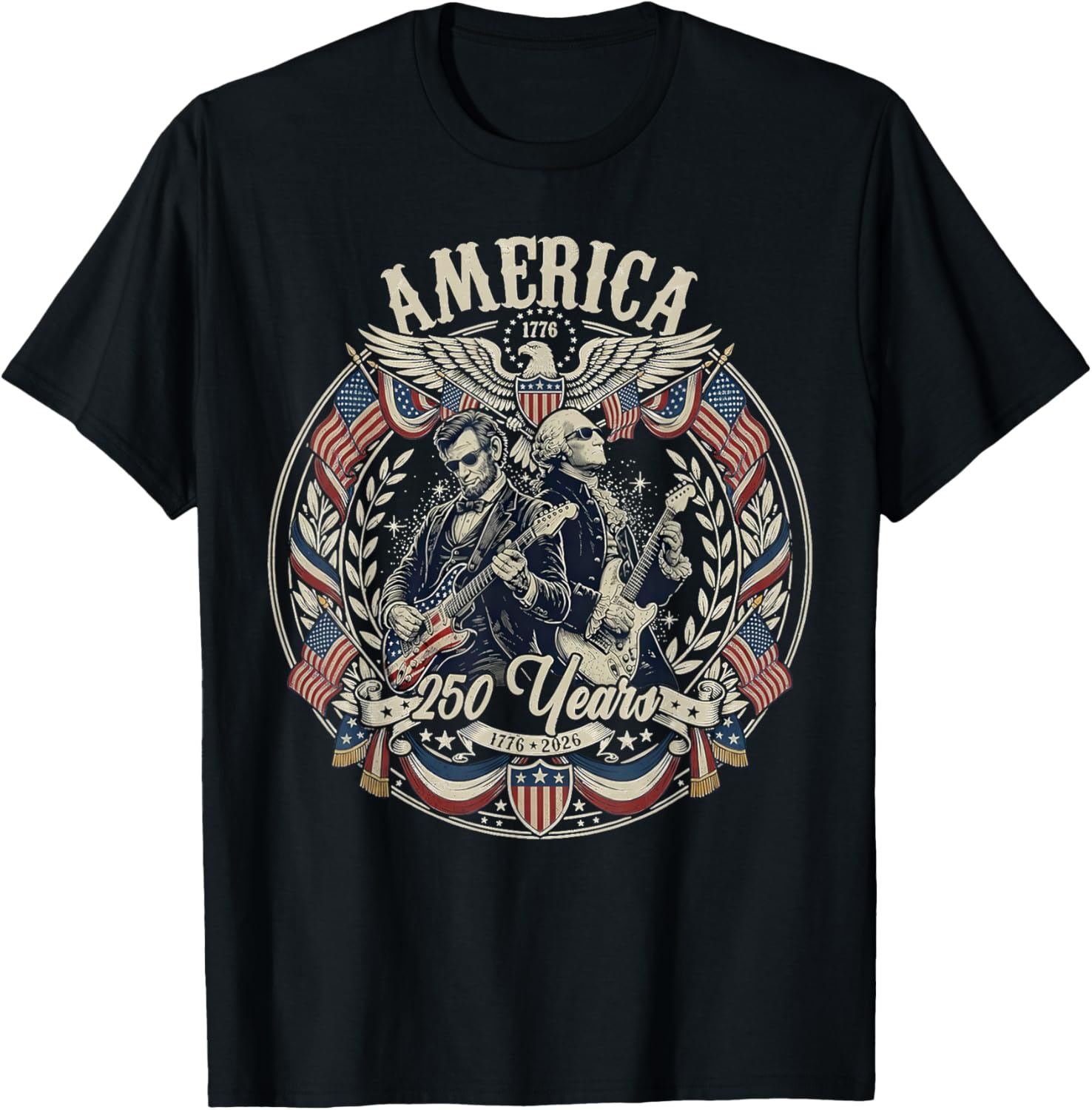 Patriotic George Washington Abe Lincoln Playing Guitar 250th T-Shirt - T-Shirt | Black