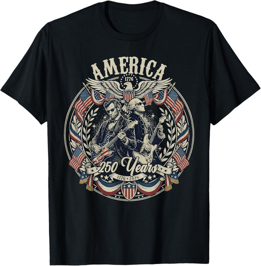 Patriotic George Washington Abe Lincoln Playing Guitar 250th T-Shirt - T-Shirt | Black