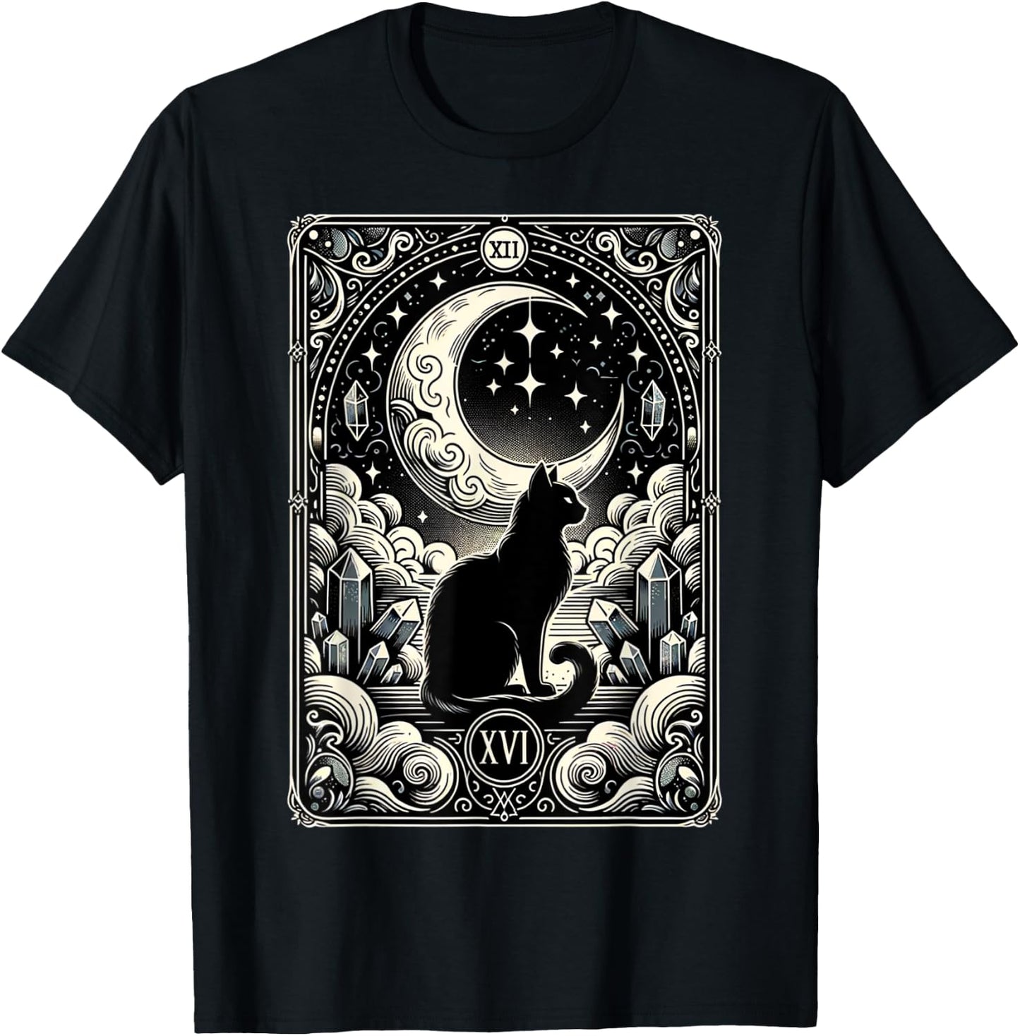 Magical Tarot Card Black Cat and Crescent Moon Vintage Cat T-Shirt - T-Shirt | Black