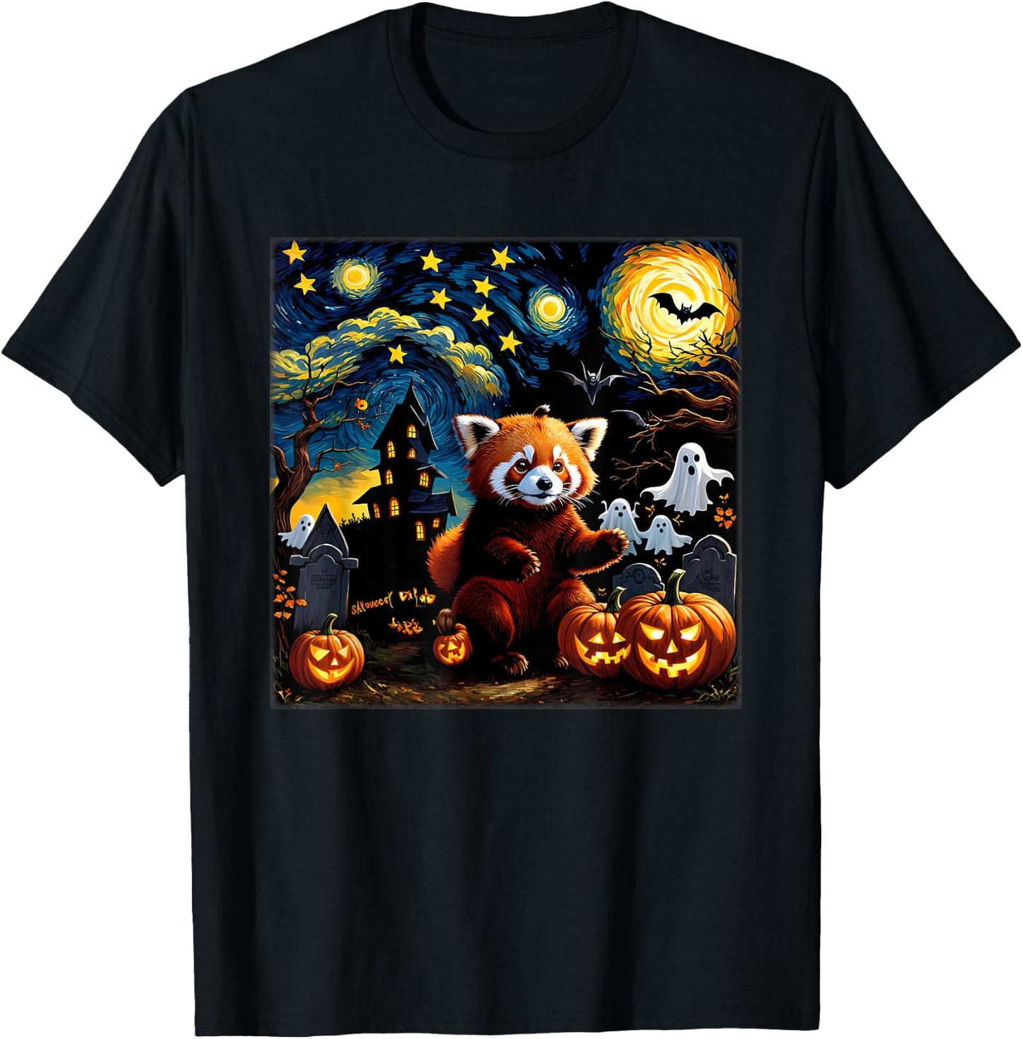 Spooky Halloween Red Panda Starry Night T-Shirt - T-Shirt | Black
