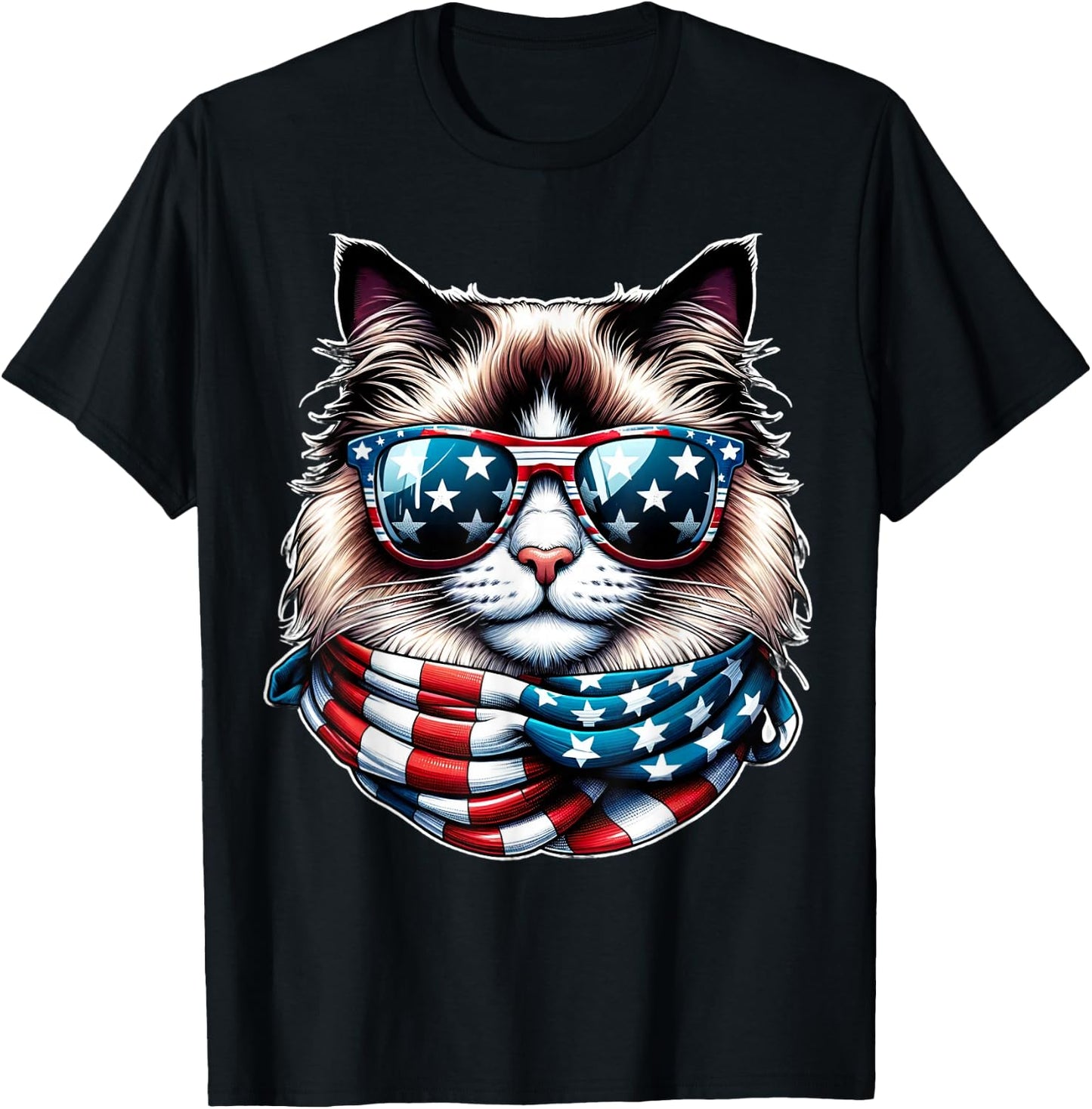 Ragdoll Cat American Flag USA Patriotic Cat 4th of July T-Shirt - T-Shirt | Black