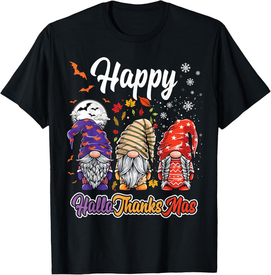 Happy Hallothanksmas Gnomes Halloween Thanksgiving Christmas T-Shirt - T-Shirt | Black