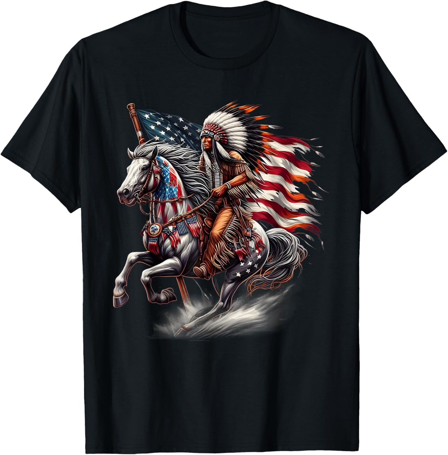 Native American Day Flag Indian Riding Horse 4th of July T-Shirt - T-Shirt | Black